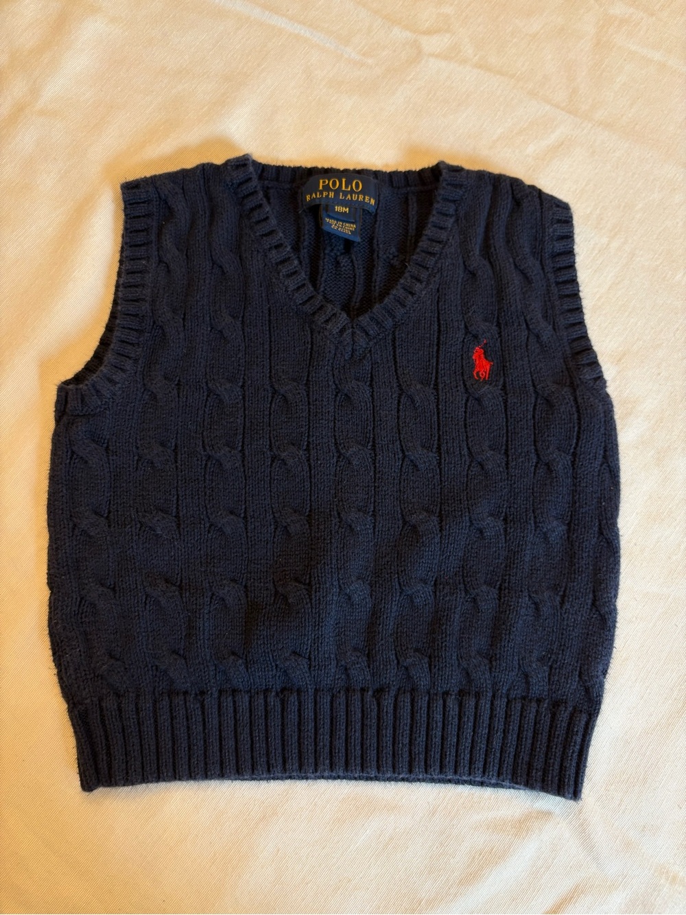 Polo by Ralph Lauren Navy Cable-Knit V-Neck Sweater Vest with Red Pony